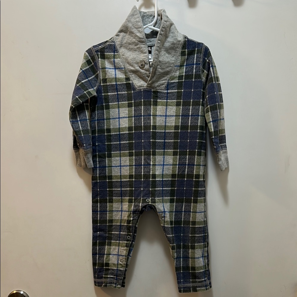 Tea Collection Plaid Baby Romper with Gray Collar Size 12-18 Months